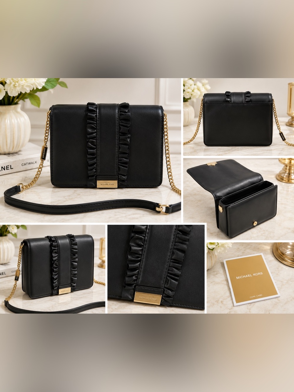 Michael Kors Black Leather Ruffle Crossbody with Gold Chain